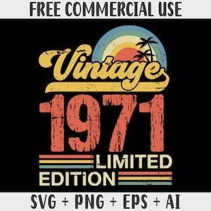 May include: Vintage 1971 Limited Edition graphic featuring a retro sunset and palm trees. The text is in a distressed font with a faded colour scheme.