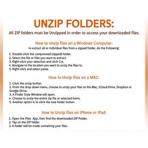 May include: A guide on how to unzip folders on a Windows computer, Mac, iPhone, or iPad. The guide includes step-by-step instructions for each device.