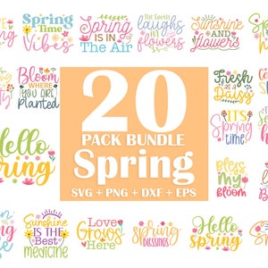 Op de afbeelding: Een bundel van 20 lente-thema ontwerpen met bloemen en botanische elementen. De ontwerpen bevatten zinnen als "Hello Spring" en "Spring Vibes". De bundel bevat SVG-, PNG-, DXF- en EPS-bestanden.