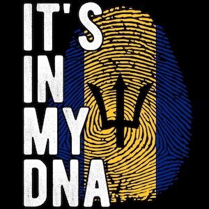 Pode incluir: Texto branco em fundo preto que diz "It's in my DNA". Atrás do texto há um gráfico de impressão digital, com as cores da bandeira de Barbados: amarelo, azul e preto.