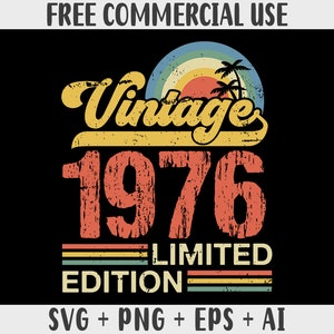 May include: Vintage 1976 Limited Edition graphic with a retro sunset and palm trees. The text is in a distressed font with a faded color scheme.