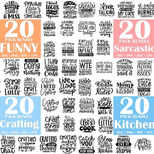 Peut inclure: Un collage num&eacute;rique de 20 fichiers de d&eacute;coupe SVG sur les th&egrave;mes de l'artisanat, de la cuisine et de l'humour. Les images sont organis&eacute;es en trois colonnes, chacune avec un th&egrave;me diff&eacute;rent. La rang&eacute;e du haut pr&eacute;sente le texte "20 Pack Bundle Funny", "20 Pack Bundle Sarcastic", et "20 Pack Bundle Crafting". La rang&eacute;e du milieu pr&eacute;sente le texte "20 Pack Bundle Crafting", "20 Pack Bundle Kitchen", et "20 Pack Bundle Kitchen". La rang&eacute;e du bas pr&eacute;sente le texte "Crafting makes everything better", "Bless this little kitchen", et "Queen of the Kitchen".