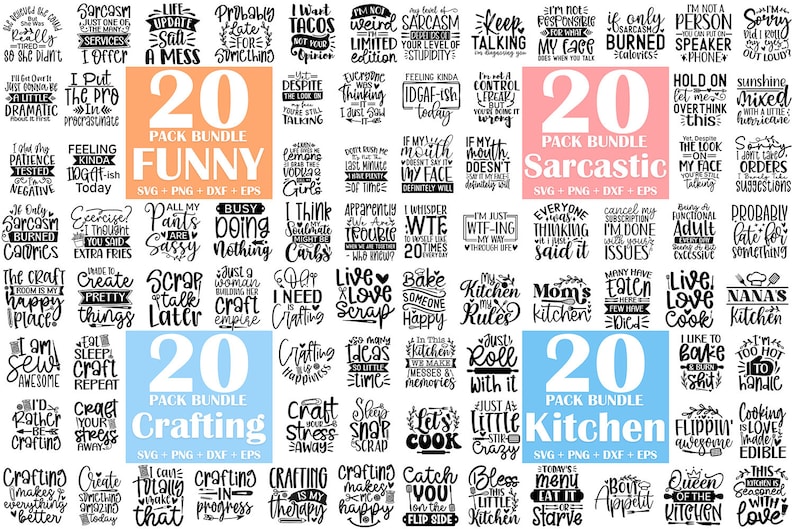 Peut inclure: Un collage num&eacute;rique de 20 fichiers de d&eacute;coupe SVG sur les th&egrave;mes de l'artisanat, de la cuisine et de l'humour. Les images sont organis&eacute;es en trois colonnes, chacune avec un th&egrave;me diff&eacute;rent. La rang&eacute;e du haut pr&eacute;sente le texte "20 Pack Bundle Funny", "20 Pack Bundle Sarcastic", et "20 Pack Bundle Crafting". La rang&eacute;e du milieu pr&eacute;sente le texte "20 Pack Bundle Crafting", "20 Pack Bundle Kitchen", et "20 Pack Bundle Kitchen". La rang&eacute;e du bas pr&eacute;sente le texte "Crafting makes everything better", "Bless this little kitchen", et "Queen of the Kitchen".