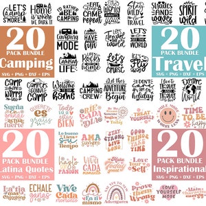Peut inclure: Un collage de 20 designs diff&eacute;rents pour des t&eacute;l&eacute;chargements num&eacute;riques. Les designs sont dans une vari&eacute;t&eacute; de couleurs et de polices et pr&eacute;sentent des phrases li&eacute;es au camping, aux voyages et aux citations inspirantes. Les designs sont parfaits pour une utilisation sur des t-shirts, des mugs, des sacs fourre-tout et d'autres marchandises.