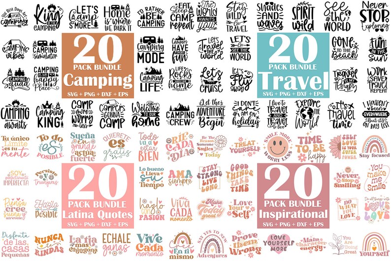Peut inclure: Un collage de 20 designs diff&eacute;rents pour des t&eacute;l&eacute;chargements num&eacute;riques. Les designs sont dans une vari&eacute;t&eacute; de couleurs et de polices et pr&eacute;sentent des phrases li&eacute;es au camping, aux voyages et aux citations inspirantes. Les designs sont parfaits pour une utilisation sur des t-shirts, des mugs, des sacs fourre-tout et d'autres marchandises.