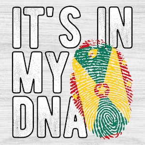 Może przedstawiać: Białe drewniane tło z napisem "IT'S IN MY DNA" pogrubioną, czarną czcionką. W centralnej części znajduje się wzór odcisku palca w kolorach flagi Grenady, dodający patriotycznego akcentu.