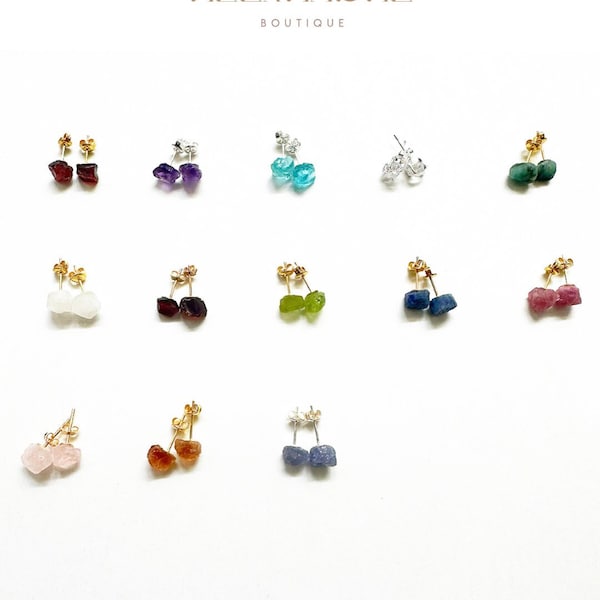 Raw Birthstone 14k Gold Stud Earrings | Garnet | Emerald | Moonstone | Ruby | Peridot | Sapphire | Rose Quartz | Pink Tourmaline | Citrine