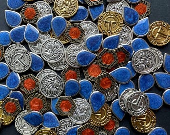 83x Dune Imperium Uprising Metal Token Upgrade, Water, Solari, Spice and Maker Hooks Tokens, Double-sided
