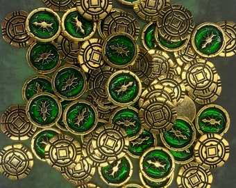 60 Metal Lost Ruins of Arnak Token Upgrade - Gold Coin and Compass, Expedition Map Token, Scythe Encounter Tokens