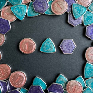 42x Vale of Eternity Metal Upgrade Tokens, Magic Stones, Double-sided