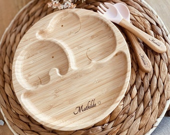 Set assiette en bois éléphants et couverts personnalisés-Assiette ventouse-couverts bébé personnalisés - Cadeau naissance-cadeau noël