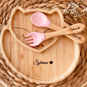 Set assiette en bois renard et couverts personnalisés-Assiette ventouse-couverts bébé personnalisés Cadeau naissance original-cadeau noël image 2