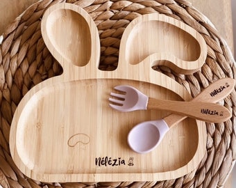 Kaninchen-Holzteller und personalisiertes Besteckset - Teller mit Saugnapf - personalisiertes Babybesteck - Originelles Geburtsgeschenk - Weihnachtsgeschenk