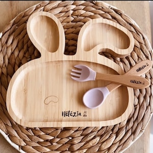Kaninchen-Holzteller und personalisiertes Besteckset - Teller mit Saugnapf - personalisiertes Babybesteck - Originelles Geburtsgeschenk - Weihnachtsgeschenk