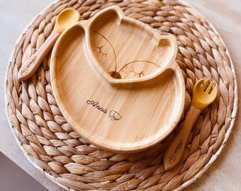 Set assiette en bois renard et couverts personnalisés-Assiette ventouse-couverts bébé personnalisés - Cadeau naissance original-cadeau noël