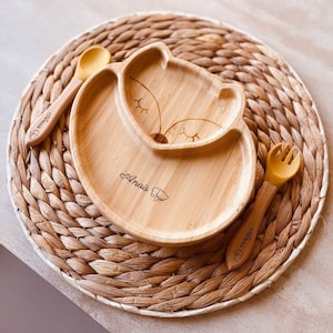 Set of wooden fox plate and personalized cutlery - Suction cup plate - Personalized baby cutlery - Original birth gift - Christmas gift