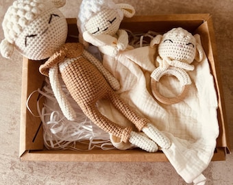 Crocheted doll, comforter and rattle birth box - birth gift - birthday gift - personalized baby gift - baptism gift - baby