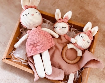 Crocheted doll, comforter and rattle birth box - birth gift - birthday gift - personalized baby gift - baptism gift - baby