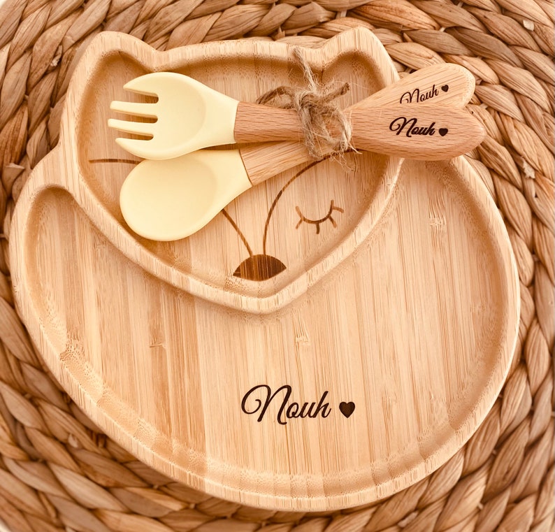 Set assiette en bois renard et couverts personnalisés-Assiette ventouse-couverts bébé personnalisés Cadeau naissance original-cadeau noël image 4