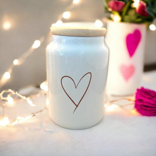 Pot à biscuits - pot en céramique avec couvercle en bois - pot de conservation - 650 ml - coeur - cadeau