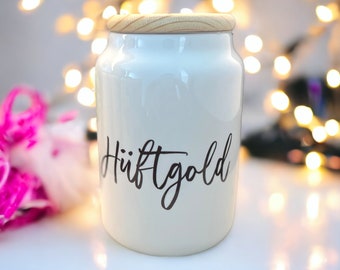 Keksdose - Keramikdose mit Holzdeckel - Vorratsglas - 650 ml- Hüftgold - Geschenk