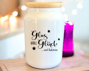 Keksdose - Keramikdose mit Holzdeckel - Vorratsglas - 650 ml - Glas voll Glück – Geschenk