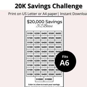 20000 Savings Challenge| 20,000 Savings Challenge| Weekly Printable Money Savings Challenge | 20,000 Dollars In 52 weeks| Savings Tracker