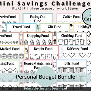 Savings Challenge Printable | Savings Challenge Bundle fits A6| Mini Savings Challenge Trackers | Money Saving Challenge Monthly | Set of 36