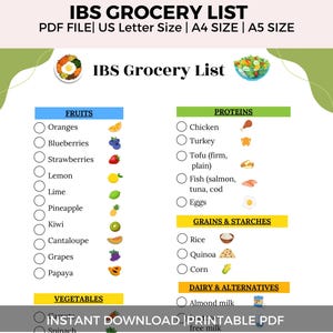 Grocery List IBS Food List and Low High IBS Foods, Food Chart Nutrition Guide for IBS Meal Plan and Gut Health, Diet Meal Prep Grocery