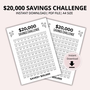 20000 Savings Challenge Printable | 20,000 Saving Challenge | 100 Envelope Challenge | Money Savings Challenge for 20k Savings Tracker