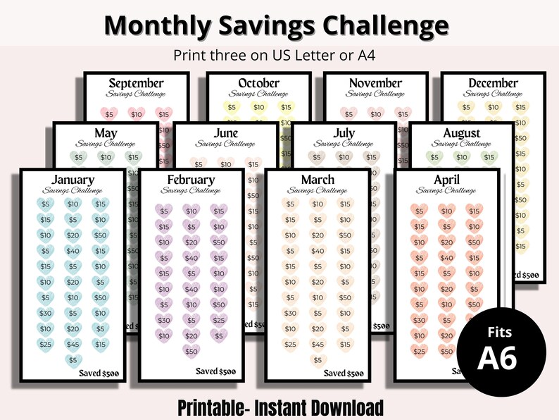Monthly Savings Challenge Printable for A6 Cute Colorful - Etsy