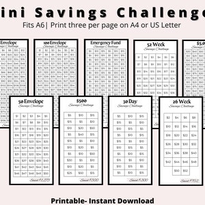 Mini Savings Challenge Trackers that Fit A6 Budget Binders and Cash Envelopes | Savings Challenge Bundle | Minimal Savings Tracker