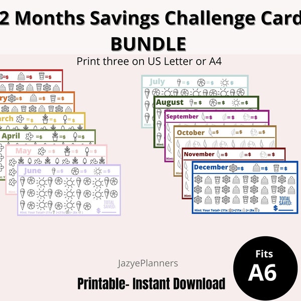 Monthly Savings Challenge Trackers that Fit A6| Cute, Colorful Savings Challenge Bundle Set| Monthly Savings Tracker and Savings Challenges