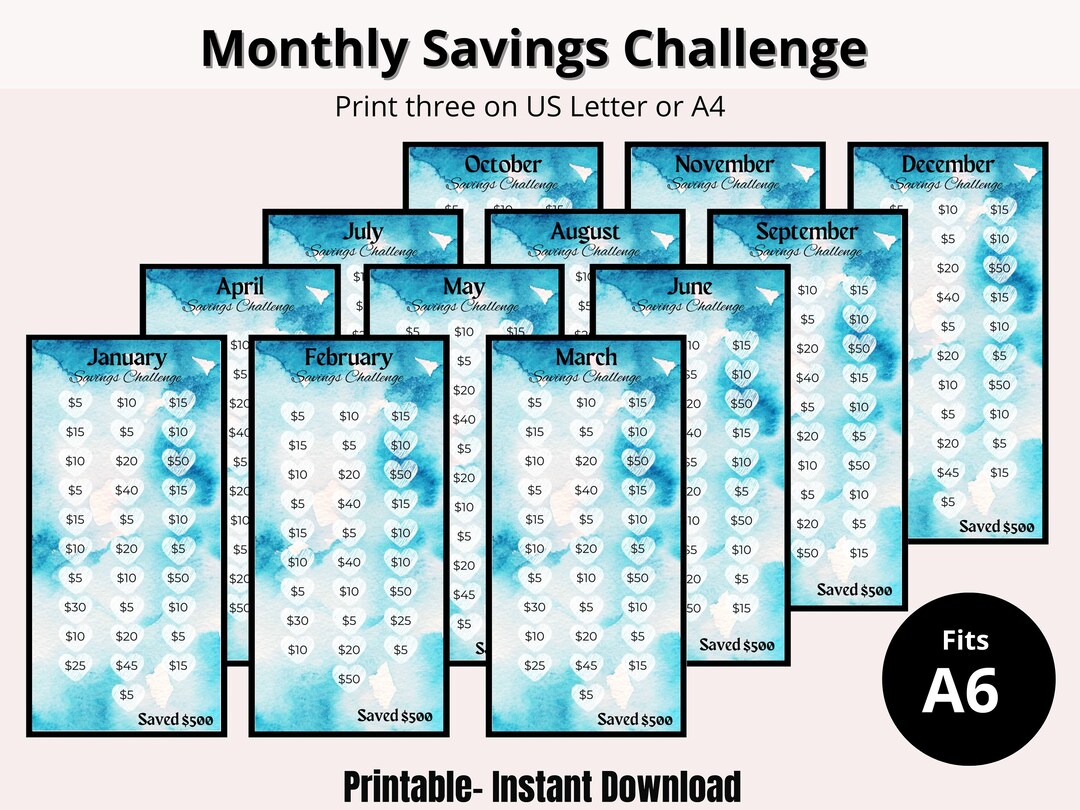 Monthly Savings Challenge Printable for A6 Cute, Colorful Savings ...