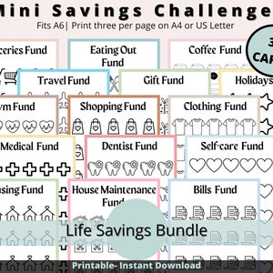 Savings Challenge Printable | Savings Challenge Bundle fits A6| Mini Savings Challenge Trackers | Money Saving Challenge Monthly | Set of 36