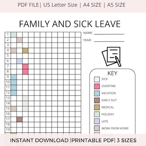 FMLA Tracker Printable | Sick Leave, Overtime, Vacation, Medical Absence | Family Medical Leave Tracker | Work From Home & Time Off Tracker