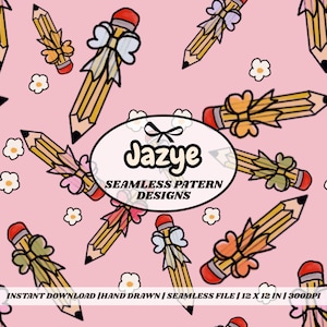 Coquette Pencil Pattern: Back to School Seamless Design (12x12in PNG Digital Download