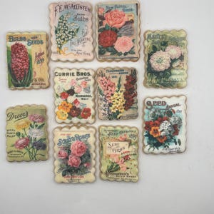May include: A collection of vintage seed packet images featuring colorful floral illustrations. The packets showcase various flowers, including roses, lilies, and hyacinths, with text such as "Bulbs & Seeds" and "Seed Catalogue 1899".