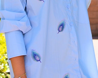 Hand-Embroidered Baby Blue Oversized Button Down Shirt with Leafy Patch – Cotton Nature-Inspired Shirt, Relaxed Fit, Artsy Boho Top