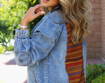 Aztec Chic Handmade Denim Jacket, Embroidered Women&#39;s Jean Jacket, Long Sleeves, Winter Jacket, Birthday Gift