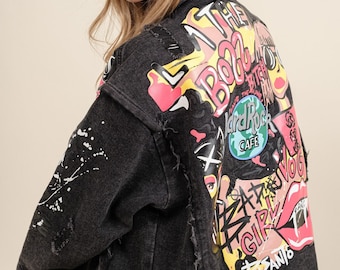 Street Art Distressed Denim Jacket, Embroidered Women&#39;s Jean Jacket, Long Sleeves, Winter Jacket, Birthday Gift