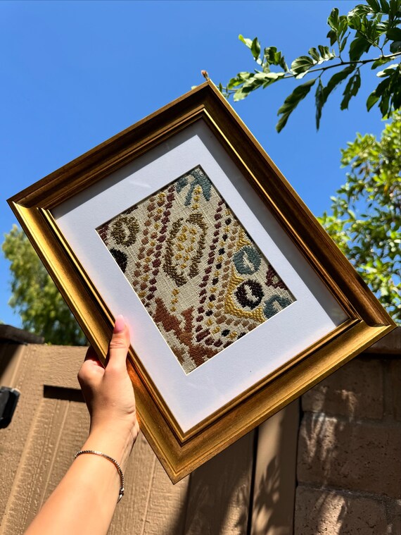 Framed Vintage Persian Rug Fragment – 9×12 Gold Frame Wall Art – Handmade Textile Décor – One-of-a-Kind Boho Persian Gift