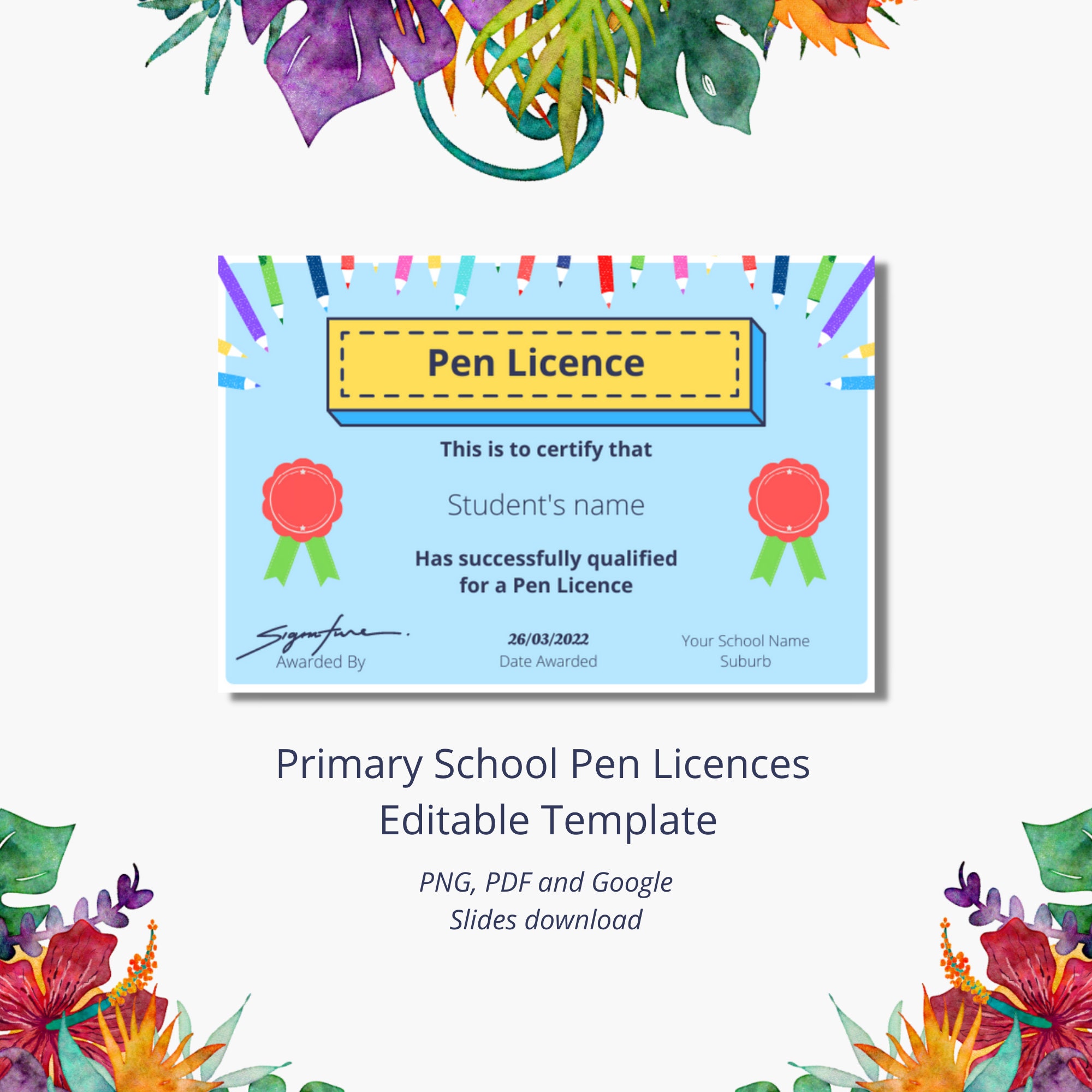 Primary School Pen Licence Template Etsy