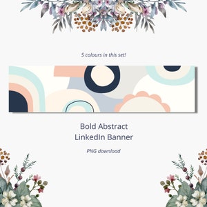 Könnte beinhalten: Abstrakte geometrische Formen in Blau, Rosa, Beige und Weiß. Das Banner ist perfekt für ein LinkedIn-Profil. "Bold Abstract LinkedIn Banner" und "PNG download" stehen unter dem Banner.