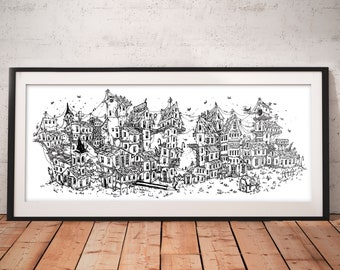 May include: Black and white ink drawing of a fantastical city with interconnected buildings and intricate details.