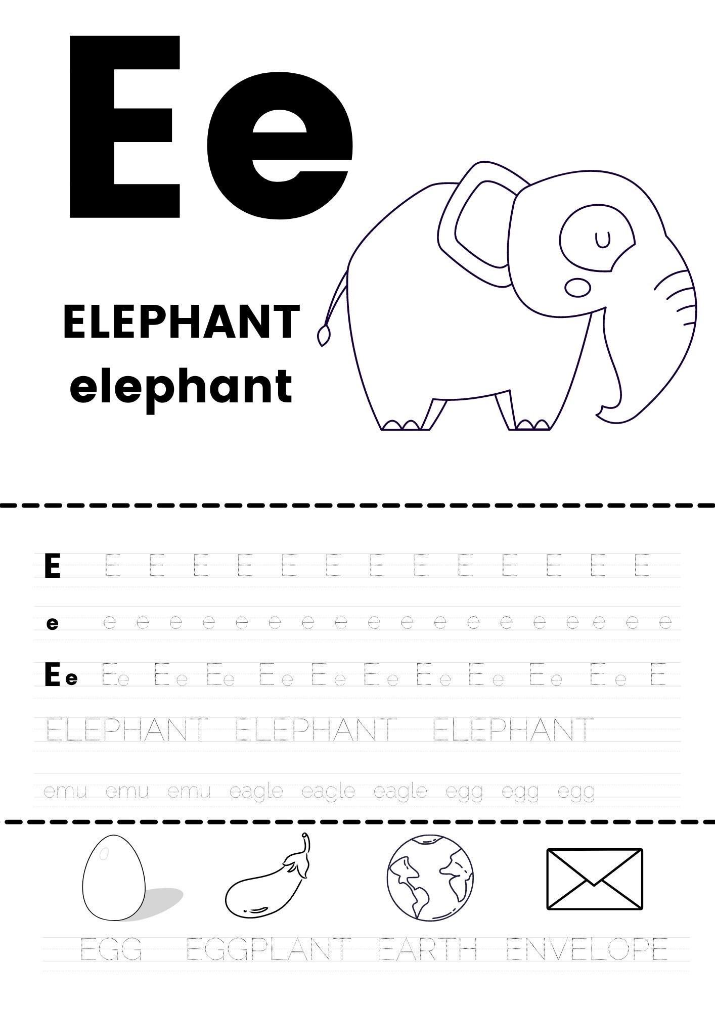letter e coloring and tracing abc worksheet etsy