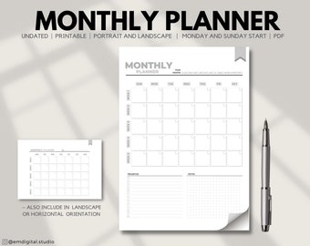 Monthly Planner Printable | Monthly Overview | Monthly Schedule | To Do list | Minimalist | Portrait | Landscape | Monday Sunday start | PDF