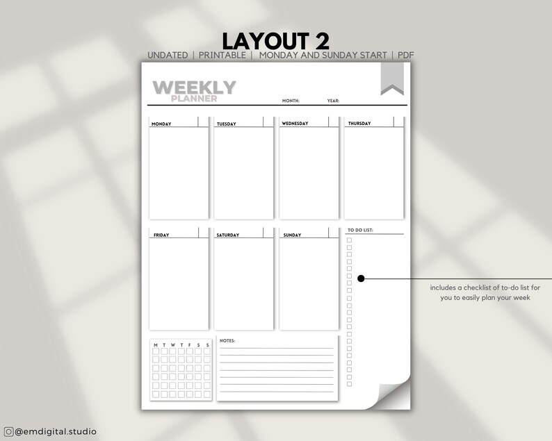 Weekly Planner Printable to Do List Minimalist Vertical Portrait ...