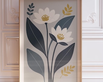 Póster de arte mural floral botánico moderno, estampado floral minimalista, decoración floral neutra, decoración de pared para sala de estar, estilo escandinavo.