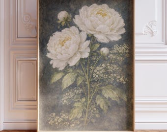 Vintage Peony Painting Print, Antique Botanical Wall Art, Moody Floral Cottagecore Decor, French Farmhouse Wall Decor, Classic Oil Painting